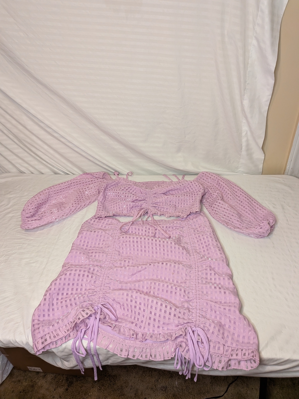 Sugar Thrillz Lavender Puff Sleeve Crop Top & Ruched Skirt Set